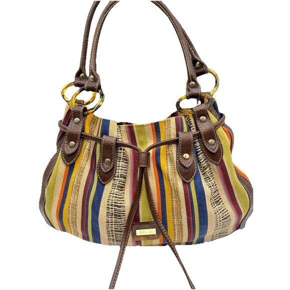 Relic Striped Canvas Purse / Bag Handbag Snap & Cinch Jewel Tone Multicolor - Picture 2 of 15